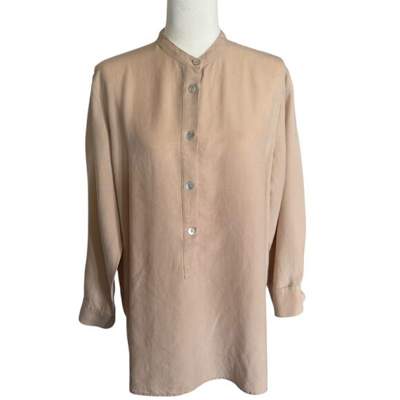 ZARA Tan Lyocell Blend Button-Up Shirt Minimalist Collarless Long Sleeve Blouse - Picture 2 of 10